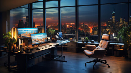 Comfortable home office workplace. A modern home office with dual monitors and ergonomic furniture.