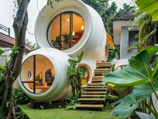 A building with stairs is enveloped by trees and plants, enhancing its facade