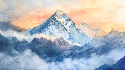 Watercolor twilight on Mount Everest, soft pastel sky, tranquil mood 