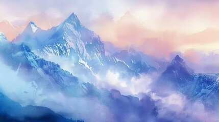 Watercolor twilight on Mount Everest, soft pastel sky, tranquil mood  - obrazy, fototapety, plakaty