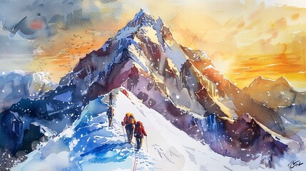 Mount Everest in watercolor, sunrise hues, climbers ascending, vibrant  - obrazy, fototapety, plakaty