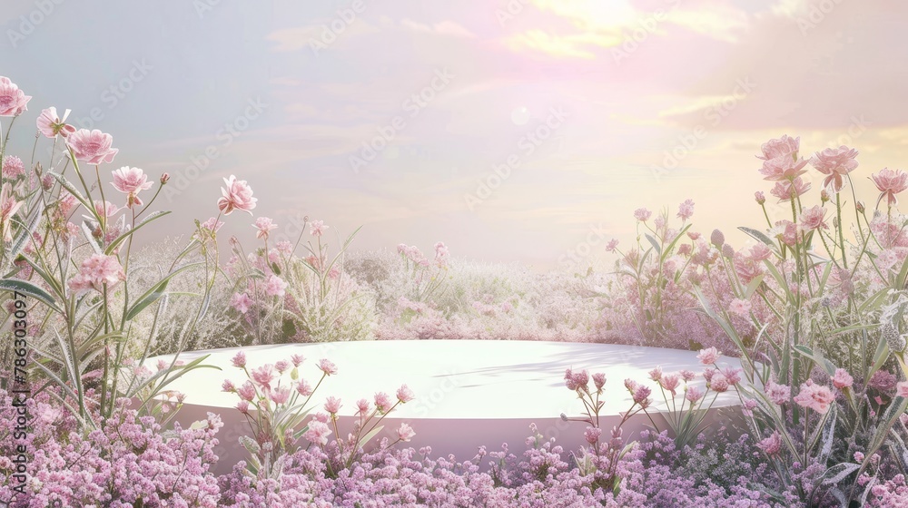 Fototapete stunning natural backdrop of a field of spring roses. 3d rendering...
