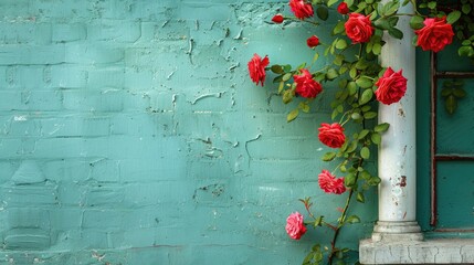 A collection of red rose vines next to a white brick pillar against a window on a green wall during summer