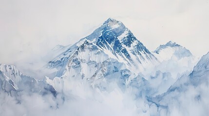 Early morning watercolor, Everest summit peering through mist, serene  - obrazy, fototapety, plakaty