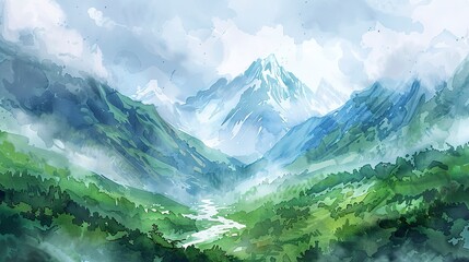 Watercolor of Everest during the monsoon, rain clouds, lush green foreground - obrazy, fototapety, plakaty