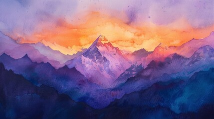 Sunset over Everest in watercolor, deep purples and oranges, serene  - obrazy, fototapety, plakaty