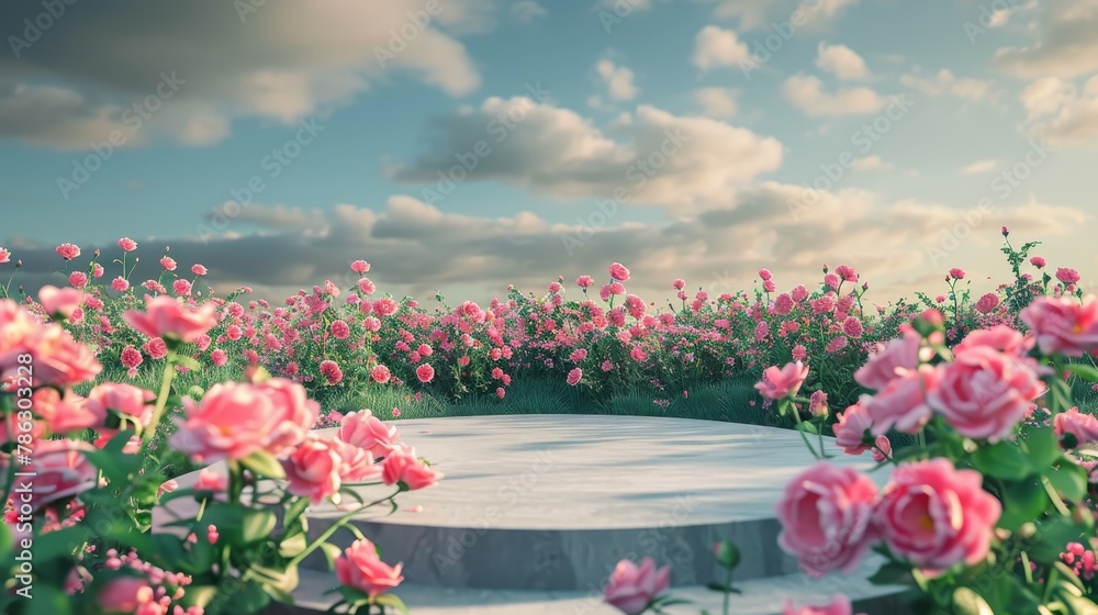 Poster the natural beauty of the podium backdrop complemented by a field of spring roses. a rendering of th