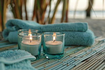 Spa Retreat Elegance Lit Candles and Fluffy Towels on a Bamboo Mat for Relaxation