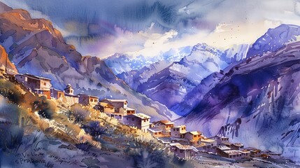 Andes mountain village in watercolor, twilight hues, cozy atmosphere