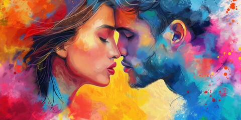 Passionate kiss between charming lovers. Colorfull image of loving couple. 2d Illustration digital painting.

