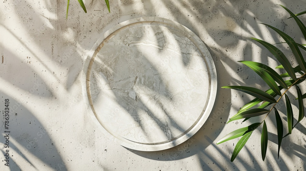 Aufkleber The product is displayed on a natural stone plate with foliage shadows as a flat lay. View from above. 3D rendering.