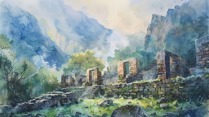 Watercolor, ancient ruins in Andes mountains, lush surroundings, morning mist 