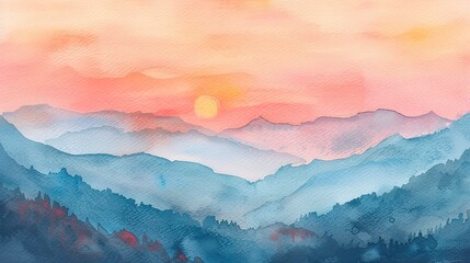 Watercolor dawn in the Alps, pink and orange sky, serene mountain vista 