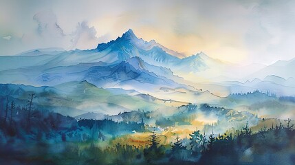 Misty watercolor of Alpine peak, lush meadows below, early morning hues 