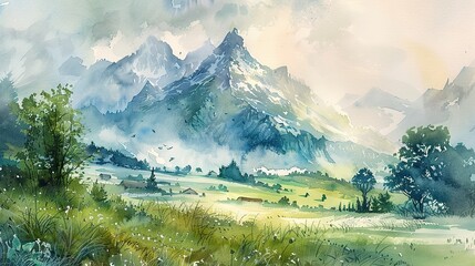 Misty watercolor of Alpine peak, lush meadows below, early morning hues 