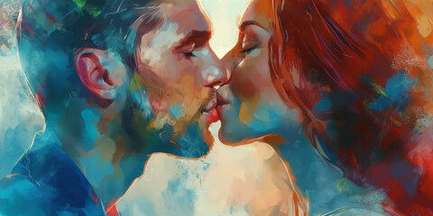 Passionate kiss between charming lovers. Colorfull image of loving couple. 2d Illustration digital painting.
- 786303698