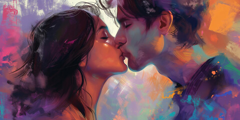 Passionate kiss between charming lovers. Colorfull image of loving couple. 2d Illustration digital painting.
- 786303847