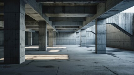 Concrete architecture with car park, empty cement floor.