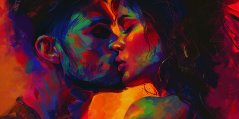 Passionate kiss between charming lovers. Colorfull image of loving couple. 2d Illustration digital painting.
