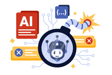 Ethics problem, risk and danger using AI. Bomb with burning fuse and robot face inside ball, threat to privacy protection, fraud and bias smart algorithms from bot cartoon vector illustration