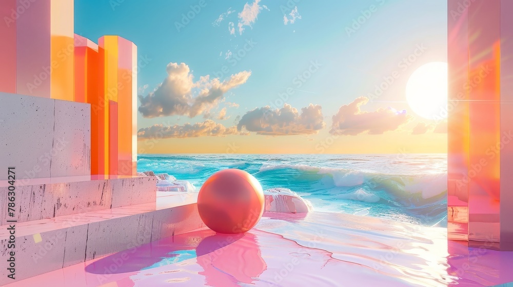 Leinwandbilder an abstract summer landscape scene with a geometric form. ocean beach view in 3d...