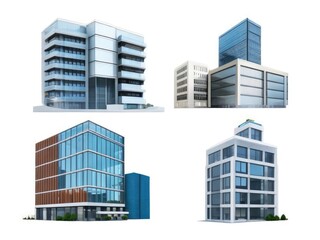 Different styles of modern buildings isolated on white background, high rise buildings.