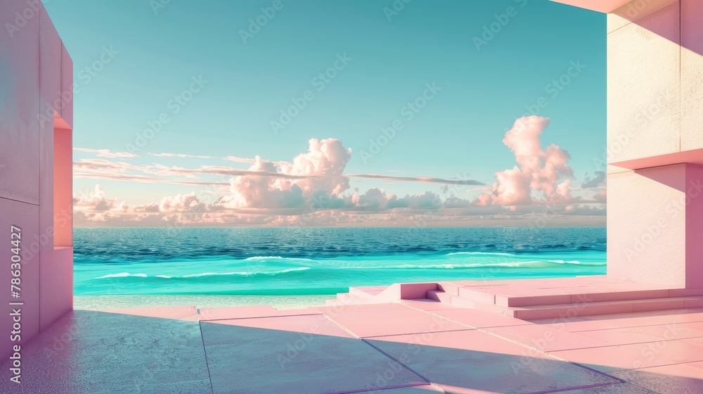 Poster An abstract summer landscape scene with geometric forms. Ocean beach scene. A 3D rendering.....