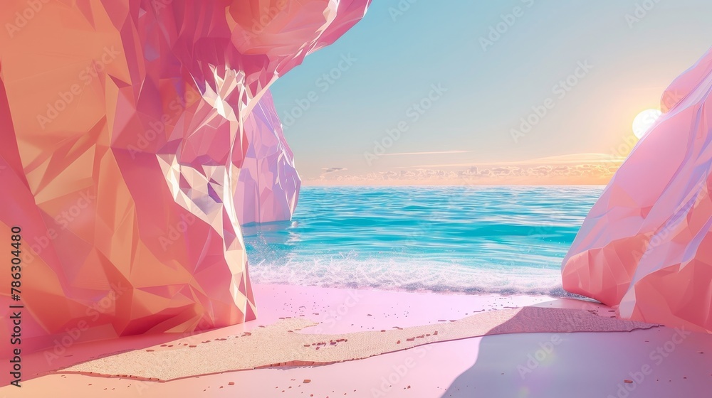 Poster An abstract summer landscape scene with geometric forms. View of the ocean from a beach. 3D rendering.