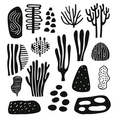 Set of organic shape doodles in a simple, minimalist vector style, featuring solid black colors, isolated on a white background.