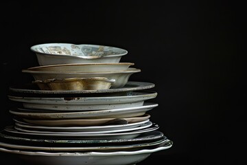 A stack of dirty dishes on black