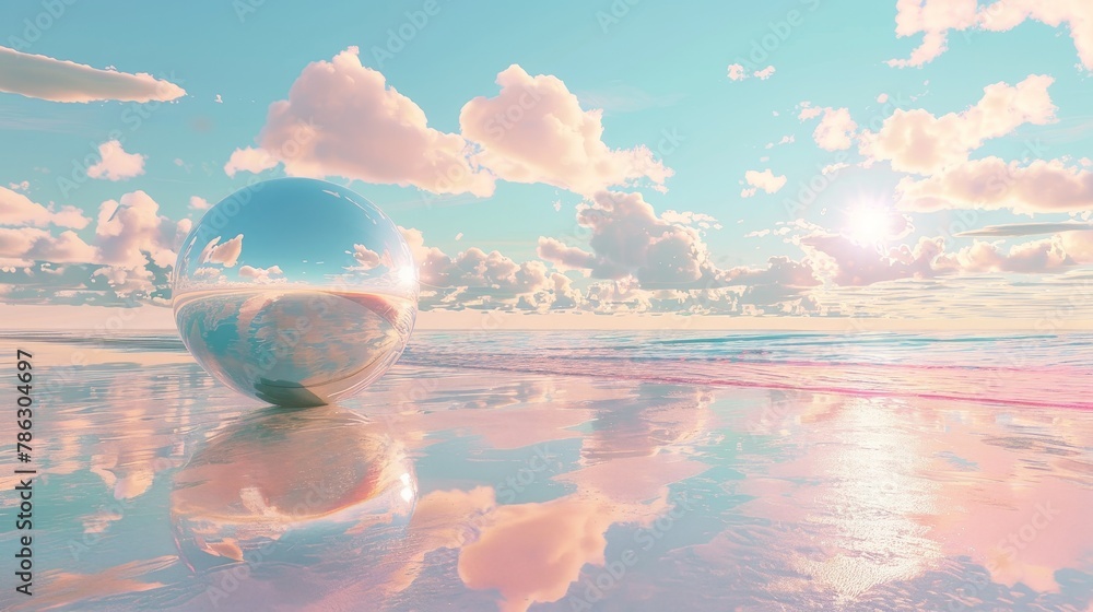 Poster the abstract background of a summer beach scene is reflected in a mirror. rendering in 3d.