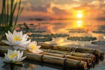 Foto op Canvas Serene Lotus Blossoms Floating on Calm Waters with Bamboo Raft at Sunset © Qmini