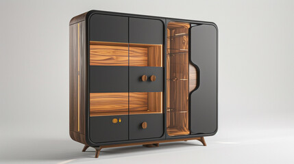 A modern cabinet with built-in AR technology allowing virtual customization of its appearance to suit any decor style.