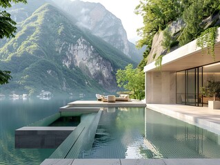 House with pool by lake mountains, a serene natural landscape
