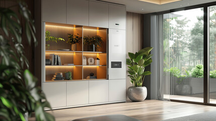 A modern cabinet with smart sensors and automated opening mechanisms providing hands-free access to its contents and enhancing convenience in daily living.