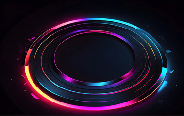 Obraz premium Abstract black circle with vibrant neon light tech background. A sleek vector design for corporate use