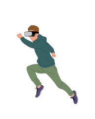 Fototapeta na wymiar Young man in virtual reality headset running side view. Guy in casual clothes wearing digital glasses travel in metaverse. Modern technologies. Flat Vector illustration on transparent background.