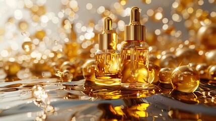 In 3D, hair serums containing gold collagen and vitamin hyaluronic acid are shown with cosmetic advertising background in 3D.