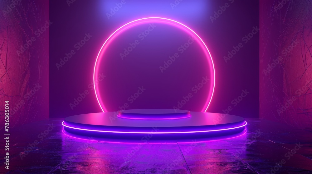 Aufkleber in the dark room, there is a purple empty scene with neon lamps on the background and a pink digital
