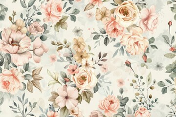 Seamless floral pattern with pink roses and green leaves on white background