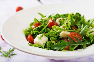 Vitamin Salad Fresh Tomatoes Herbs Feta Cheese Flax Seeds Dietary Menu Proper Nutrition - obrazy, fototapety, plakaty