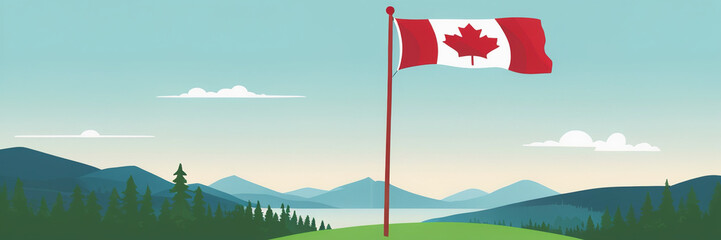 Canada Day. the flag of Canada. people are holding the flag of Canada. the nature of Canada. illustration. nature. mountains