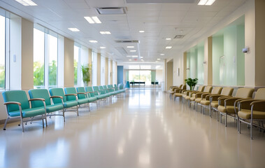 A serene and welcoming hospital waiting area adorned with clean chairs, fostering a tranquil and comfortable healthcare atmosphere