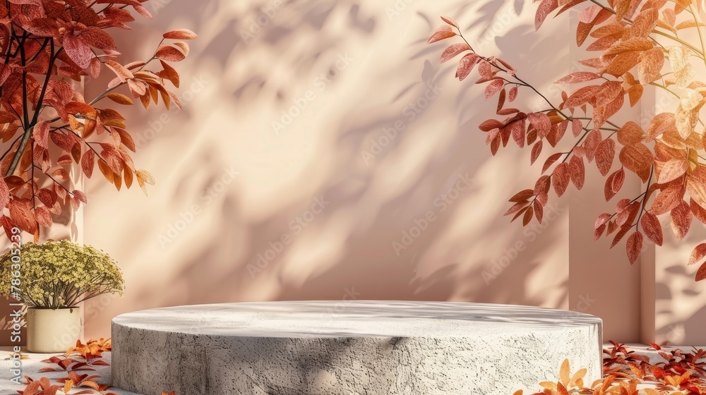 Aufkleber display podium backdrop with autumn scene showing natural beauty. 3d rendering.