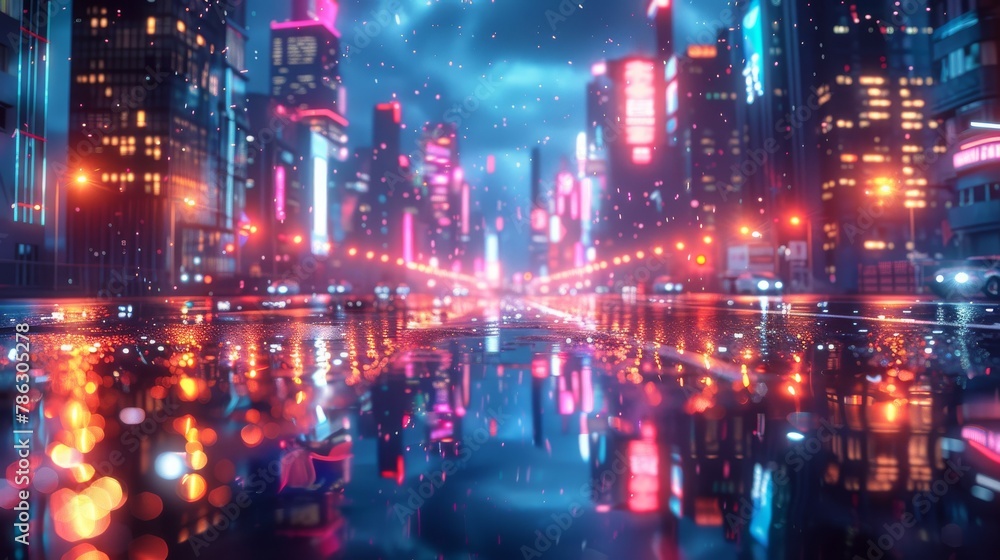 Fototapete an example of a 3d rendering of a neon mega city with reflections reflected from puddles in the stre