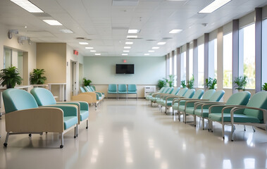 A serene and welcoming hospital waiting area adorned with clean chairs, fostering a tranquil and comfortable healthcare atmosphere