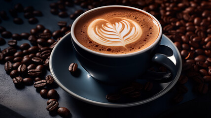 hot coffee with latte art on dark coffee beans background