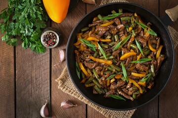 Stir Frying Beef With Sweet Peppers Green Beans