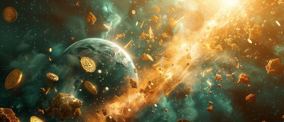 A cosmic event where planets of gold and meteor showers of coins clash in space, with epic monsters, with copy space - obrazy, fototapety, plakaty