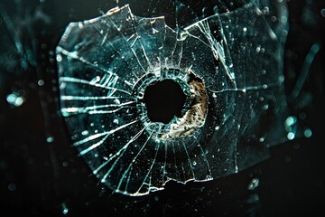 Close up of bullet hole on glass against black background